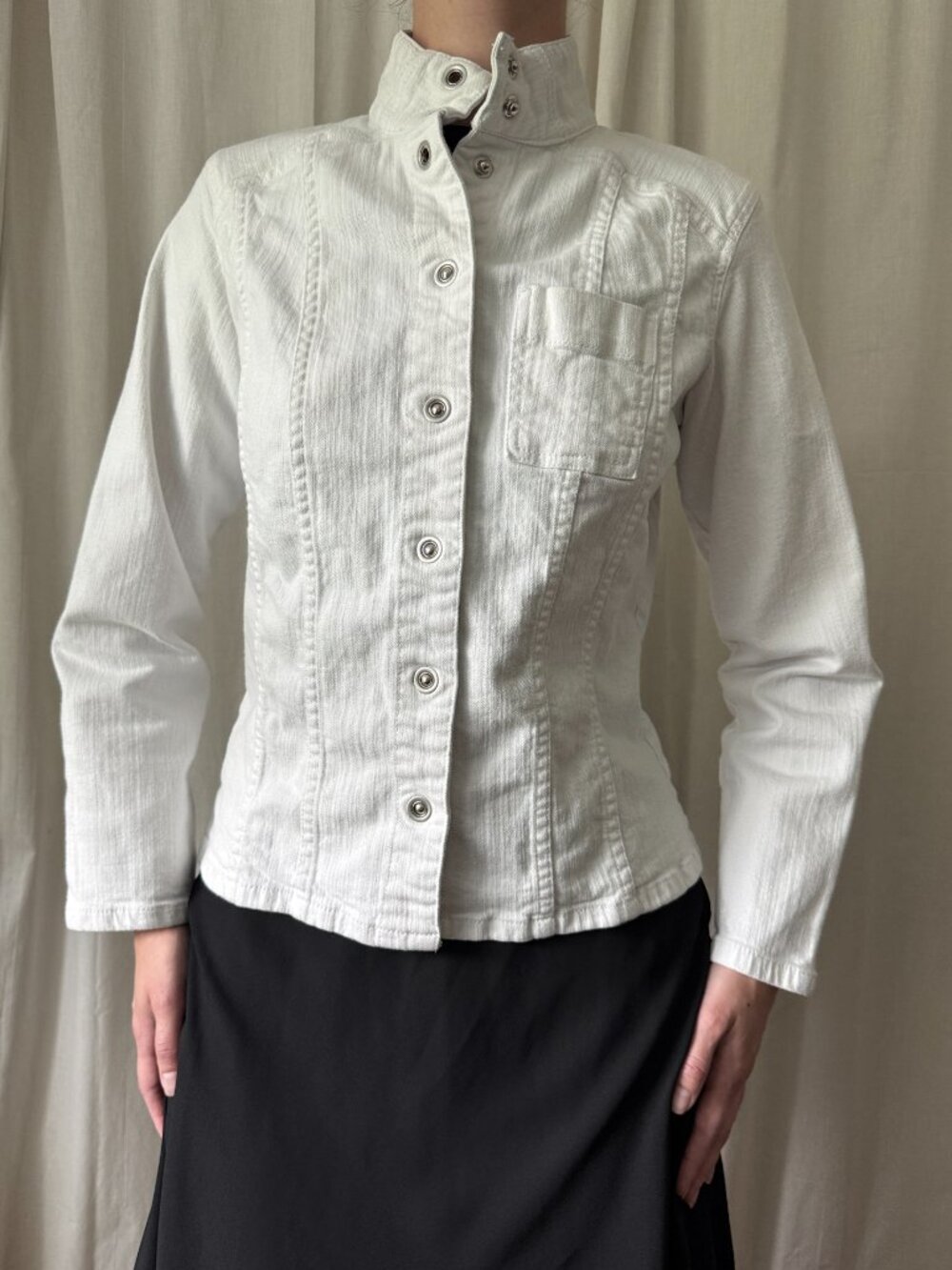 Chico's Platinum White Denim Moto Jacket Button Closure Mock Neck Women's Size 0